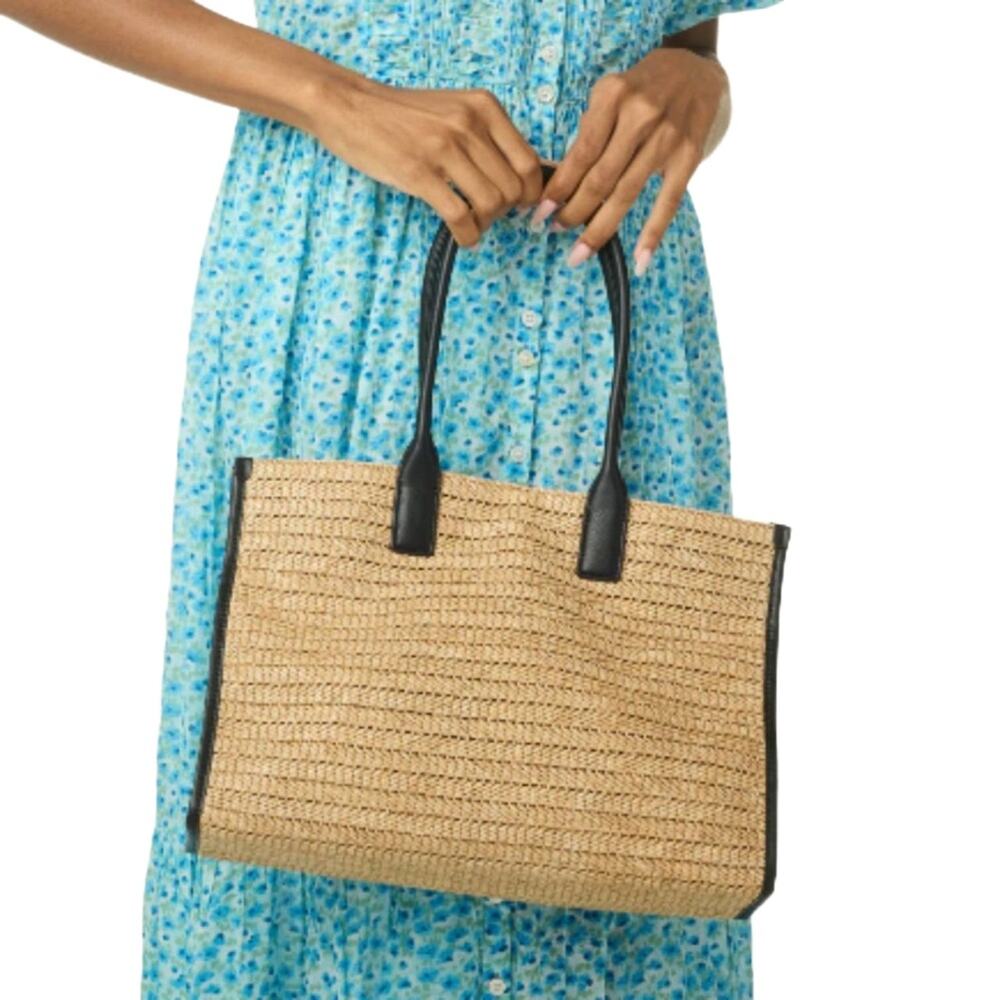 NWT WALTER BAKER Natural Woven Black Handles Black Trim Delaney Tote Bag